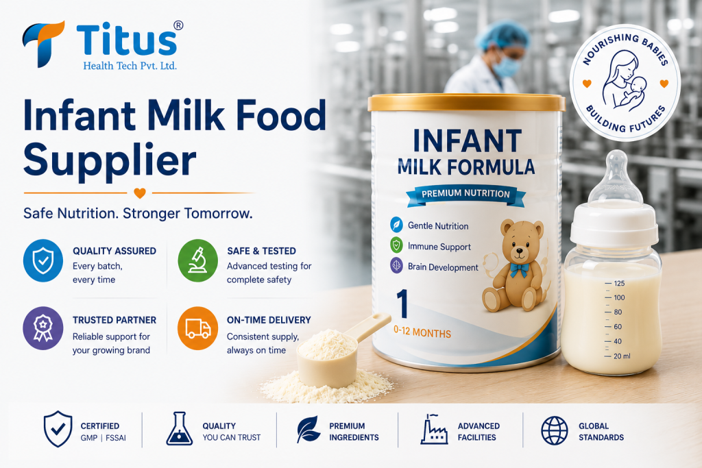 Infant Milk Food Supplier banner by Titus Health Tech Pvt. Ltd. featuring premium infant milk formula, a modern manufacturing facility, quality certifications, and private label nutrition solutions.