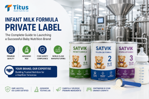 Infant Milk Formula Private Label banner by Titus Health Tech Pvt. Ltd. featuring Satvik infant formula products, a modern manufacturing facility, certified production, and private label nutrition solutions.
