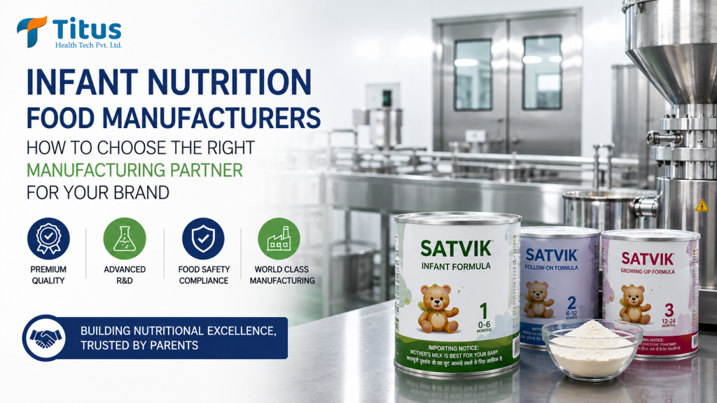 Infant Nutrition Food Manufacturers banner featuring Titus Health Tech Pvt. Ltd., a modern infant nutrition manufacturing facility, and Satvik infant formula products with quality and food safety highlights.