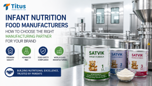 Infant Nutrition Food Manufacturers banner featuring Titus Health Tech Pvt. Ltd., a modern infant nutrition manufacturing facility, and Satvik infant formula products with quality and food safety highlights.