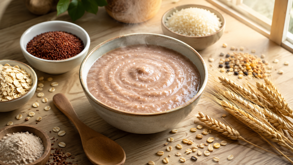 Freshly prepared Satvik cereal for babies with ragi, oats, rice, and natural grains for healthy infant nutrition.