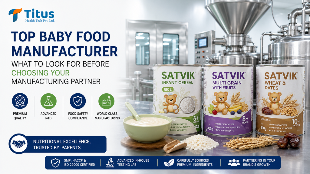 Top Baby Food Manufacturer banner by Titus Health Tech Pvt. Ltd. showcasing Satvik baby cereal products, advanced manufacturing facility, premium quality, food safety compliance, and private label expertise.
