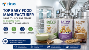 Top Baby Food Manufacturer banner by Titus Health Tech Pvt. Ltd. showcasing Satvik baby cereal products, advanced manufacturing facility, premium quality, food safety compliance, and private label expertise.