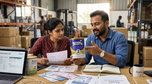 Two professionals reviewing baby milk formula private label packaging, product specifications, and compliance documents in a warehouse while discussing infant formula branding and manufacturing.