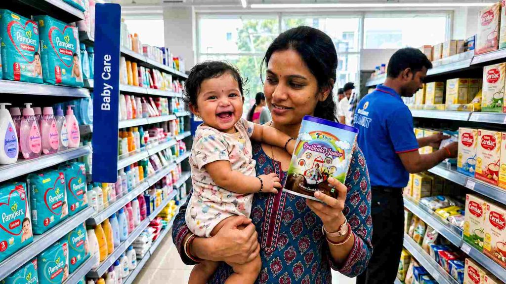 Mother holding her baby while choosing infant nutrition products in a baby care store, showcasing infant formula and nutritional supplements from an Indian manufacturer.