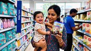 Mother holding her baby while choosing infant nutrition products in a baby care store, showcasing infant formula and nutritional supplements from an Indian manufacturer.