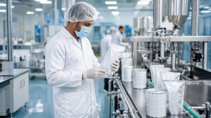 Quality control specialist inspecting infant nutrition product packaging in a hygienic manufacturing facility with sealed pouches and cans on an automated production line.