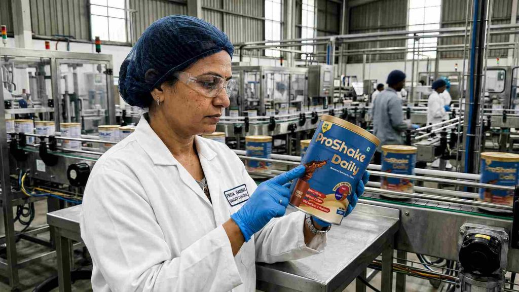 Quality control expert inspecting a nutrition powder container at an infant nutrition products manufacturing facility to ensure product quality and compliance.