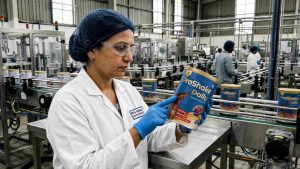 Quality control expert inspecting a nutrition powder container at an infant nutrition products manufacturing facility to ensure product quality and compliance.