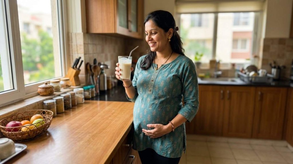 Pregnant woman drinking a protein shake in her kitchen as part of a healthy prenatal nutrition routine.