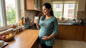 Pregnant woman drinking a protein shake in her kitchen as part of a healthy prenatal nutrition routine.