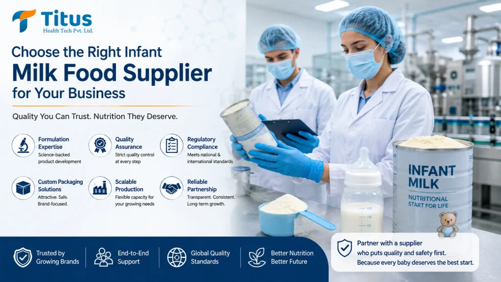 Infant milk food supplier offering quality assurance, formulation expertise, regulatory compliance, custom packaging, and scalable production