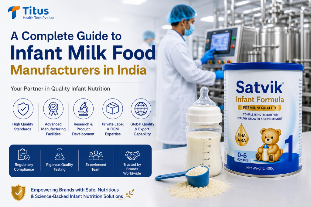 A Complete Guide to Infant Milk Food Manufacturers in India featuring advanced manufacturing facilities, private label expertise, OEM solutions, and premium infant nutrition by Titus Health Tech Pvt. Ltd.