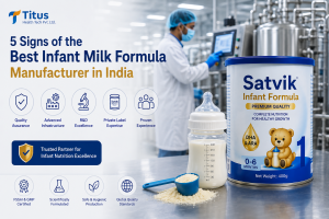 5 Signs You've Found the Best Infant Milk Formula Manufacturer in India showcasing advanced manufacturing, quality assurance, FSSAI & GMP certification, and private label infant formula solutions by Titus Health Tech Pvt. Ltd.