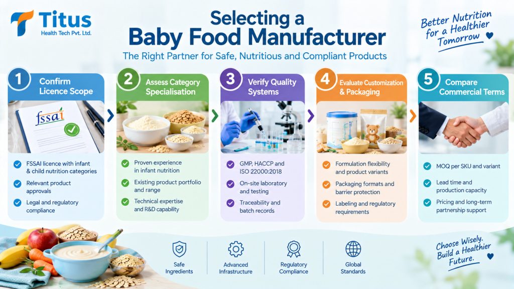Top baby food manufacturer guide showing FSSAI compliance, quality systems, customization, packaging, and commercial terms