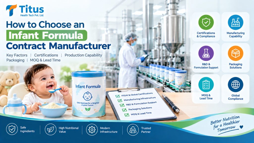 Infant formula contract manufacturer selection guide showing manufacturing facility, certifications, formulation support, packaging, MOQ, and compliance.