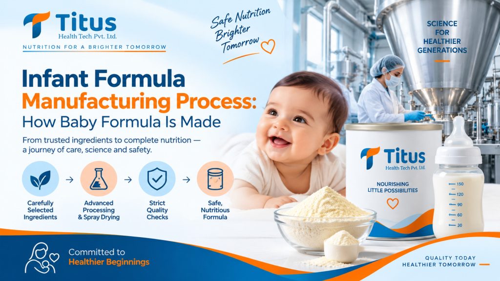 Infant formula manufacturing process showing ingredient selection, spray drying, quality checks and baby formula production