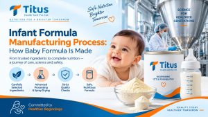 Infant formula manufacturing process showing ingredient selection, spray drying, quality checks and baby formula production