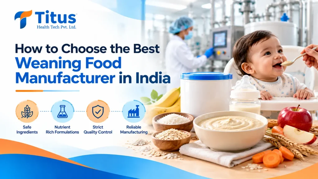 Best weaning food manufacturer in India showcasing baby cereal, nutritious ingredients, quality control, and infant food manufacturing.