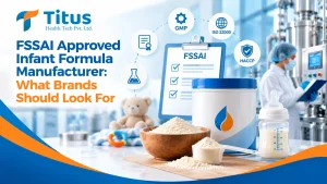 FSSAI approved infant formula manufacturer showcasing infant formula powder, quality certification, and a hygienic manufacturing facility.