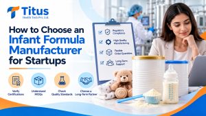 Founder reviewing infant formula tins and sample packs with a manufacturing quality team