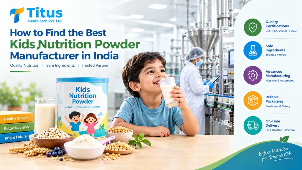 Child nutrition powder being scooped into a glass of milk beside private label jars in a manufacturing quality lab