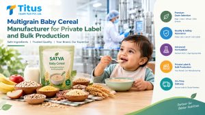 Multigrain baby cereal powder with grains and fruit beside private label cereal packs in a food manufacturing facility