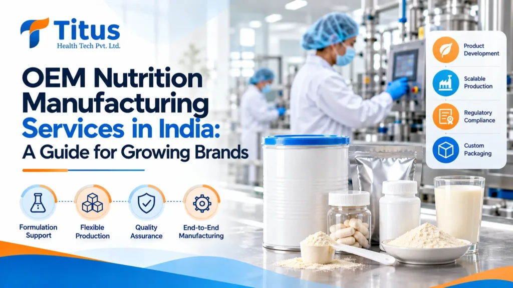 OEM nutrition manufacturing services in India featuring nutrition powder production, custom packaging, quality assurance, and manufacturing facilities.