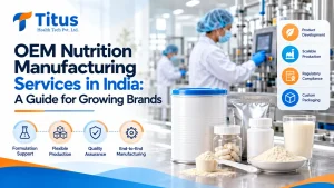 OEM nutrition manufacturing services in India featuring nutrition powder production, custom packaging, quality assurance, and manufacturing facilities.