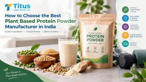 Pea and rice plant protein powders with vegan protein tubs in a nutrition manufacturing facility