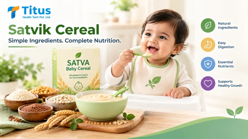 Satvik cereal for babies featuring nutritious grains, baby cereal, and a child enjoying a wholesome cereal meal.