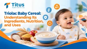 Triolac baby cereal showing cereal ingredients, nutritious grains, and a baby being fed cereal.