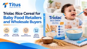 Triolac Rice baby cereal 300 g bag-in-box pack displayed on a baby food store shelf