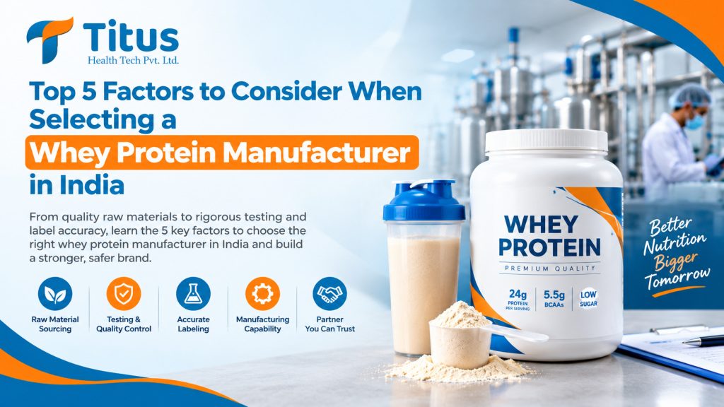 Whey protein powder scoop beside private label supplement tubs in a nutrition manufacturing facility with quality testing