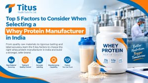 Whey protein powder scoop beside private label supplement tubs in a nutrition manufacturing facility with quality testing